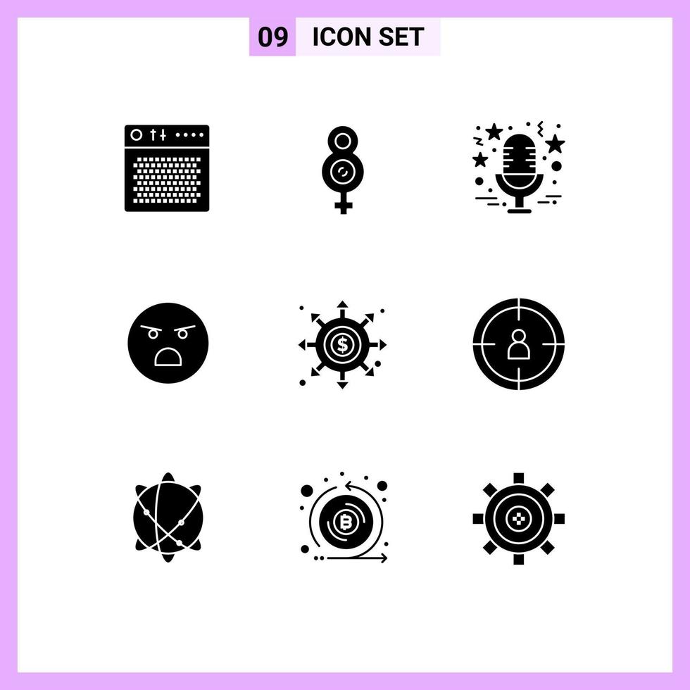 conjunto moderno de 9 glifos y símbolos sólidos, como elementos de diseño vectorial editables de música de emoción de sonido tenue negro vector