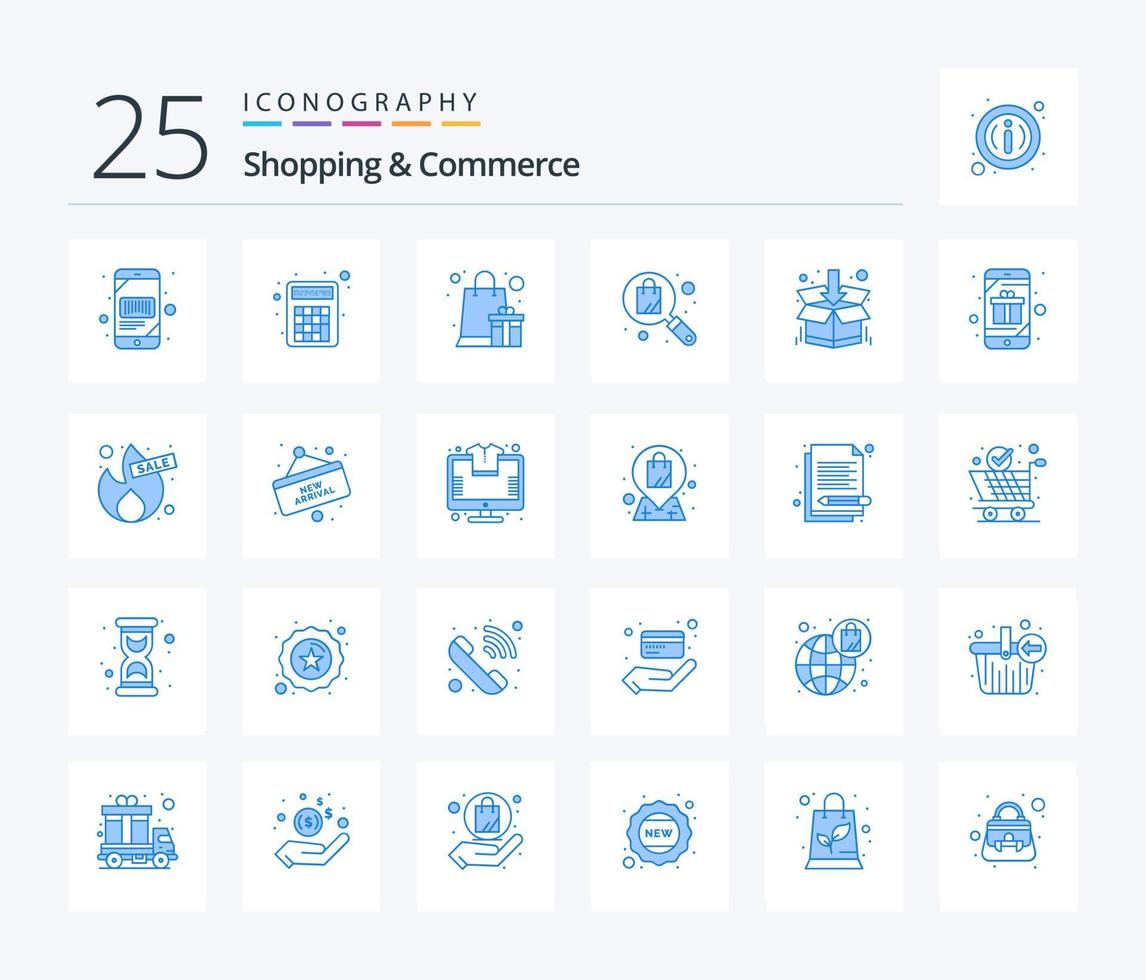 Shopping And Commerce 25 Blue Color icon pack including delivery box. shopping. number cruncher. search. reward vector