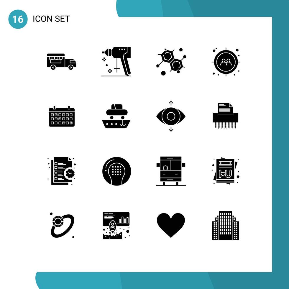 paquete de 16 signos y símbolos de glifos sólidos modernos para medios de impresión web, como elementos de diseño de vectores editables de objetivo de calendario molecular de fecha de año