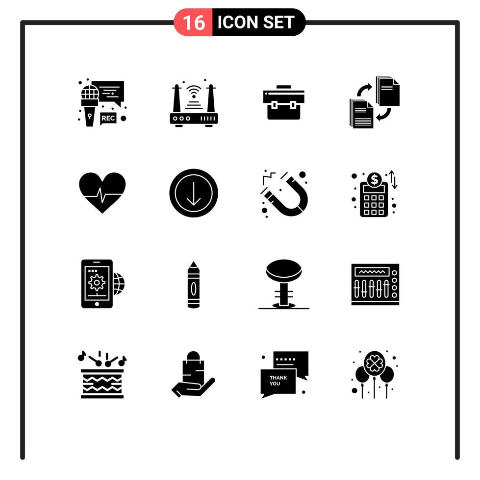 Mobile Interface Solid Glyph Set of 16 Pictograms of copying file wifi share portfolio Editable Vector Design Elements