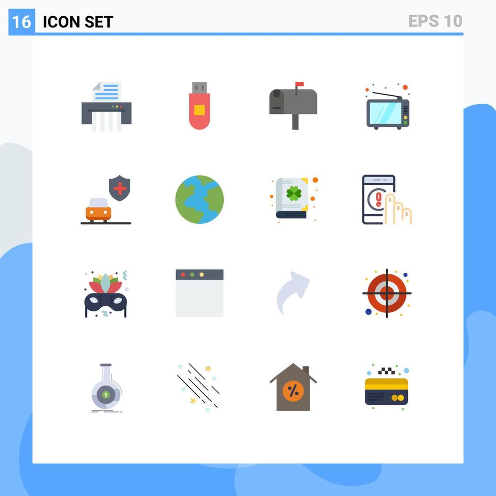 Flat Color Pack of 16 Universal Symbols of planet security postbox insurance device Editable Pack of Creative Vector Design Elements