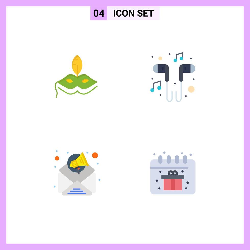 Pack of 4 creative Flat Icons of mask advertisement mardigras music email marketing Editable Vector Design Elements