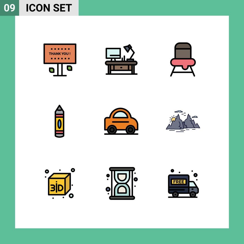 User Interface Pack of 9 Basic Filledline Flat Colors of vehicle sketch business pencil drawing Editable Vector Design Elements