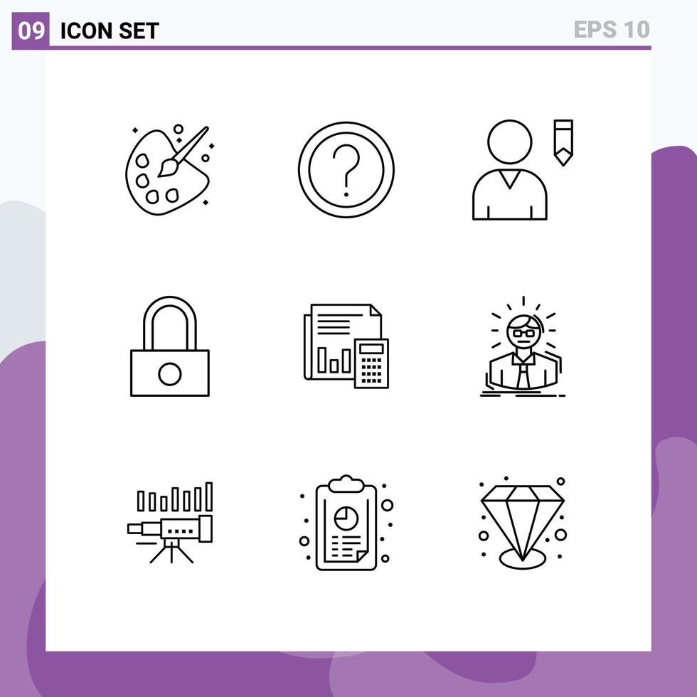 Universal Icon Symbols Group of 9 Modern Outlines of banking audit information security lock Editable Vector Design Elements