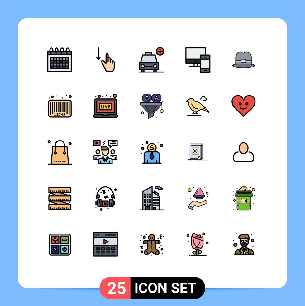 25 User Interface Filled line Flat Color Pack of modern Signs and Symbols of phone mac hand devices vehicles Editable Vector Design Elements