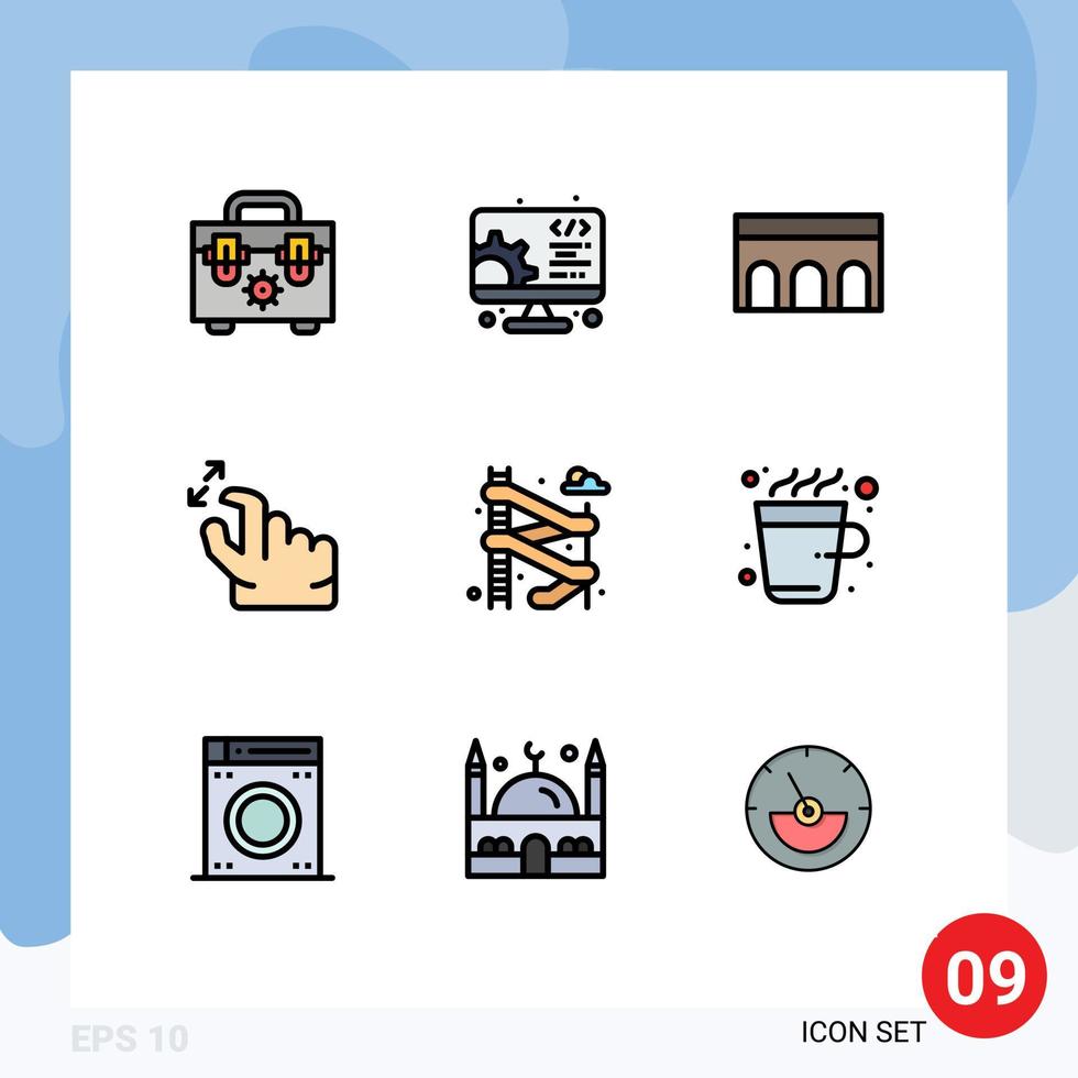 Pack of 9 Modern Filledline Flat Colors Signs and Symbols for Web Print Media such as water zoom architecture squeeze gesture Editable Vector Design Elements