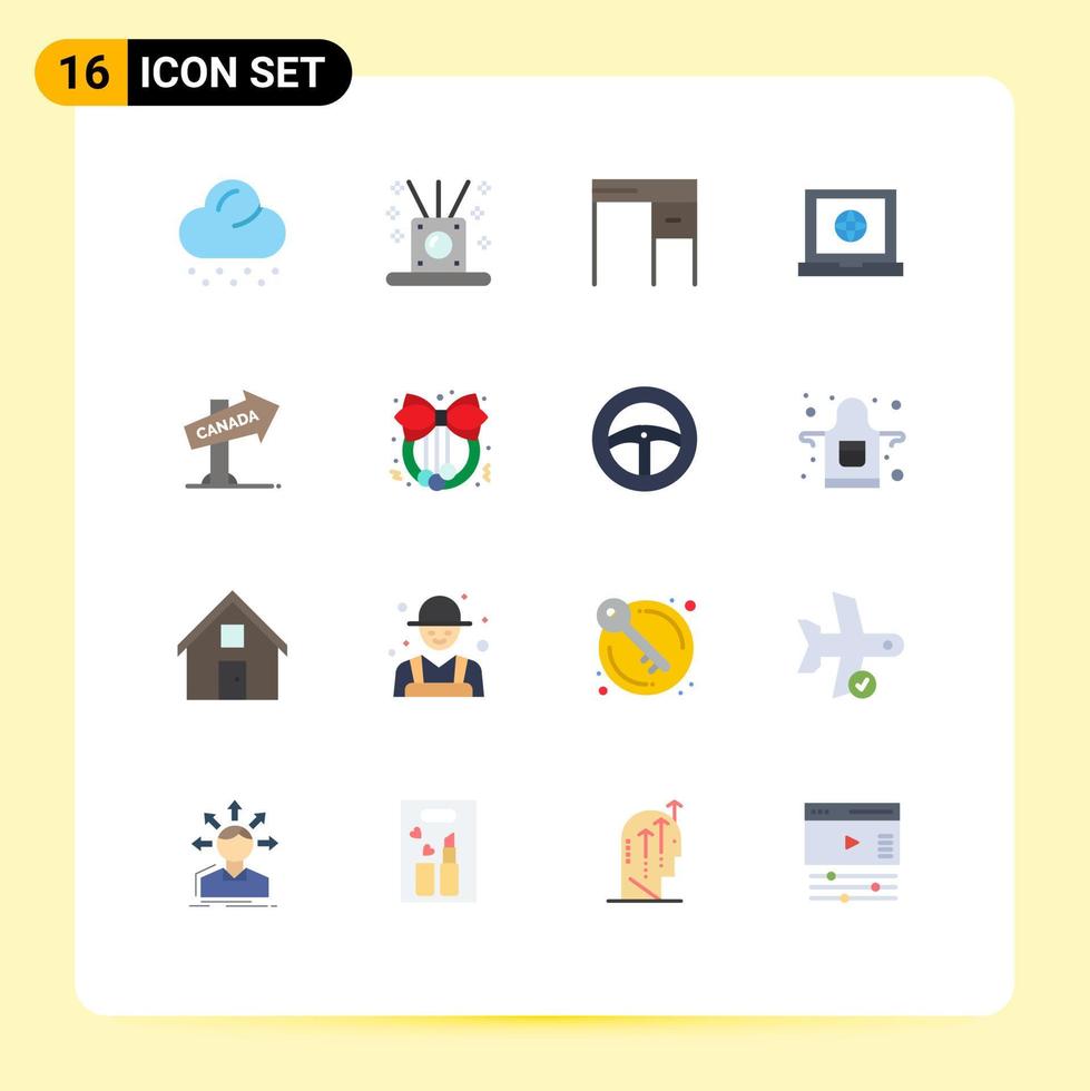 Modern Set of 16 Flat Colors Pictograph of sign direction furniture canada laptop Editable Pack of Creative Vector Design Elements
