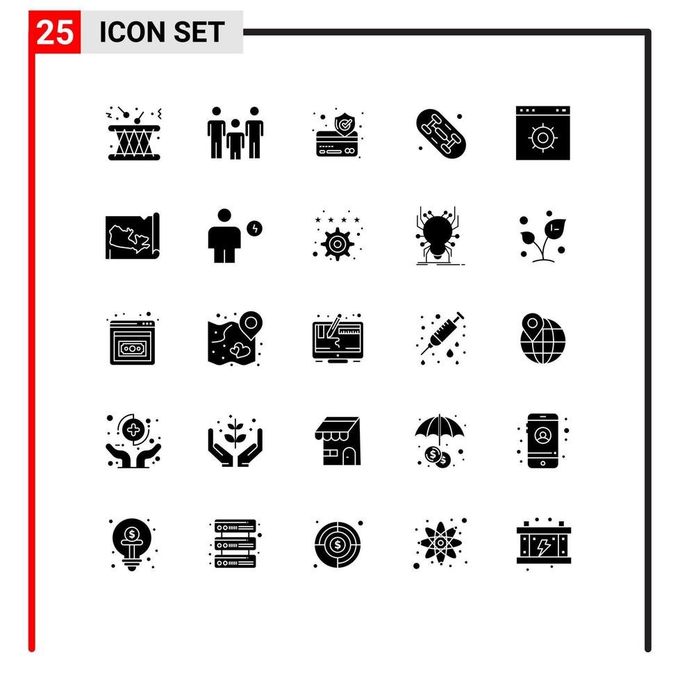 Pack of 25 Modern Solid Glyphs Signs and Symbols for Web Print Media such as webpage browser health hobby skate Editable Vector Design Elements