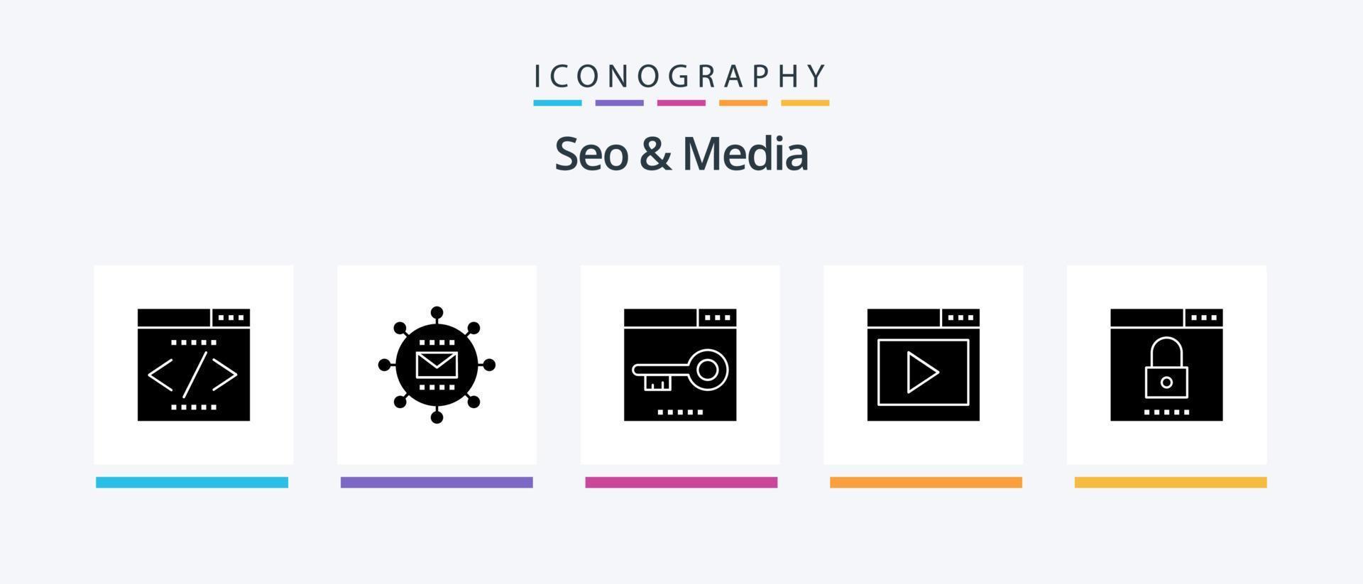 Seo and Media Glyph 5 Icon Pack Including media page. interface media. promotion. interface. optimization. Creative Icons Design vector