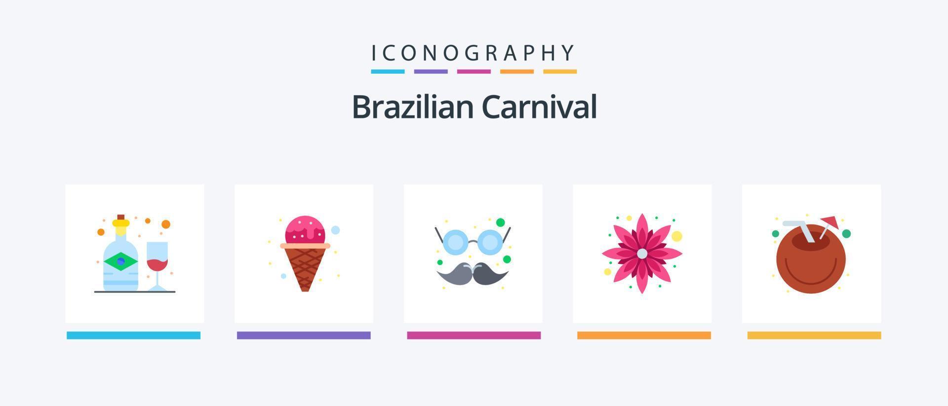 paquete de iconos flat 5 del carnaval brasileño que incluye bebida. playa. anteojos. floral. flor. diseño de iconos creativos vector