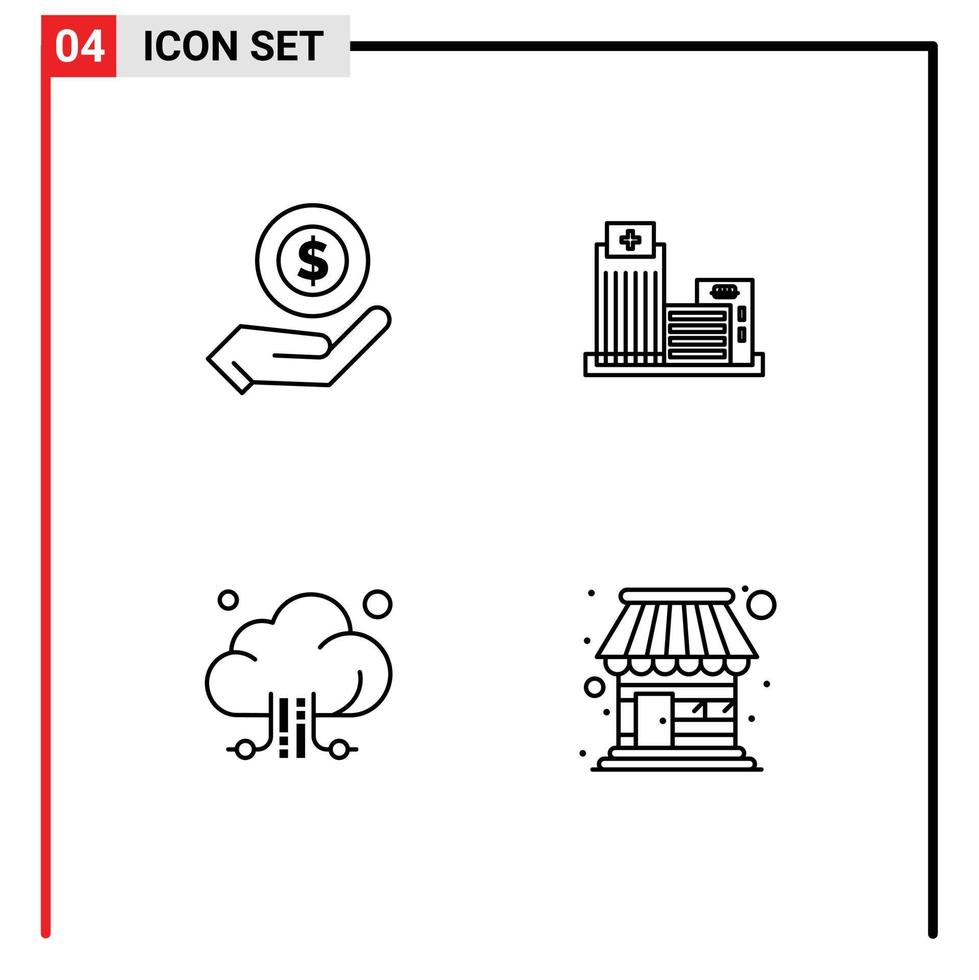 4 símbolos de signos de línea universales de elementos de diseño de vector editables de almacenamiento real de dólar de nube de comercio electrónico