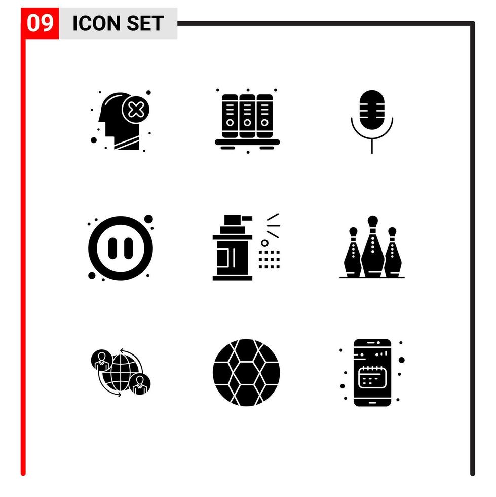 9 Thematic Vector Solid Glyphs and Editable Symbols of bottle pause notebook multimedia show Editable Vector Design Elements