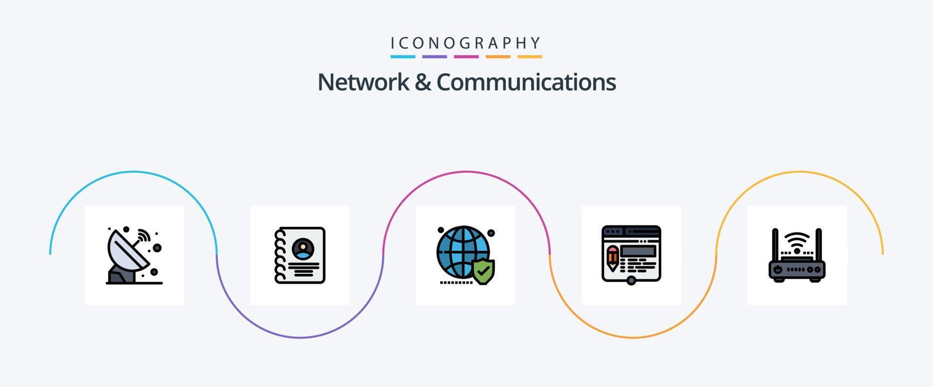 Network And Communications Line Filled Flat 5 Icon Pack Including website. layout. phone. edit. world vector