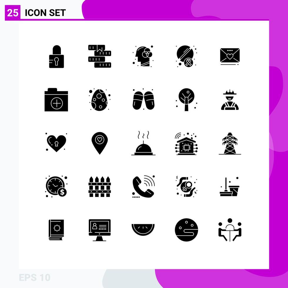 conjunto moderno de 25 pictogramas de glifos sólidos de amor medicina creatividad drogas píldoras elementos de diseño vectorial editables vector