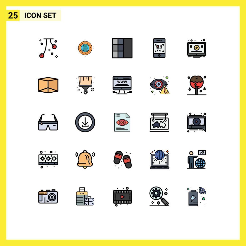 Filled line Flat Color Pack of 25 Universal Symbols of video learn connected technology phone Editable Vector Design Elements