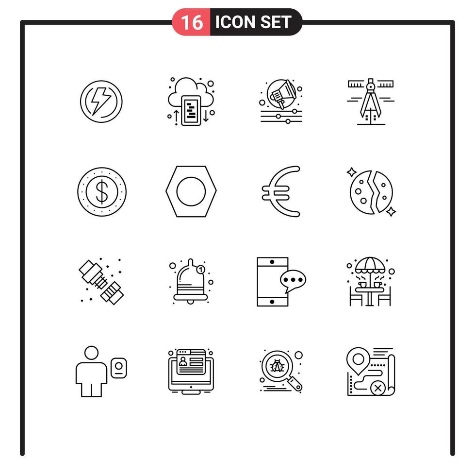 Modern Set of 16 Outlines and symbols such as coin measure upload tools calipers Editable Vector Design Elements