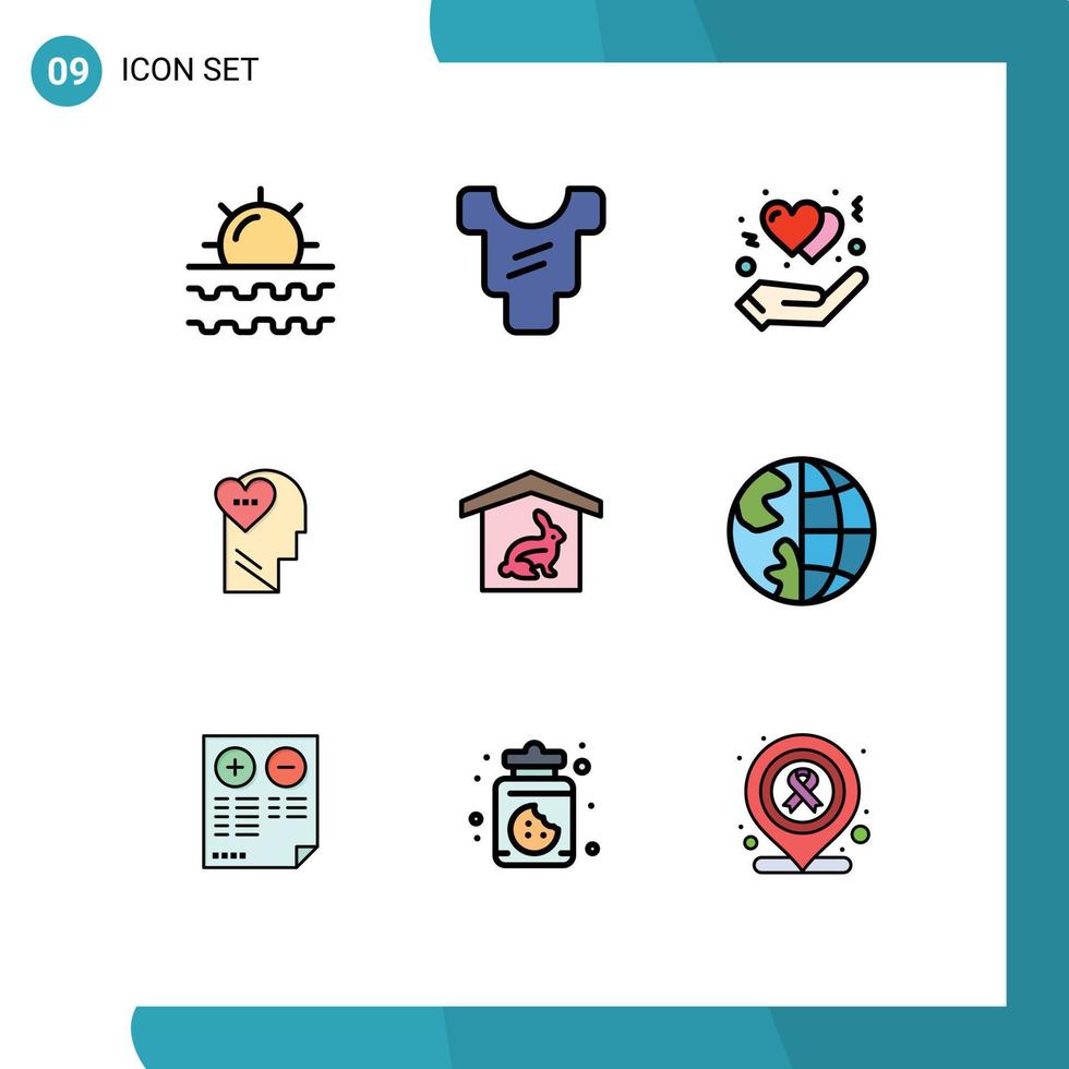 9 Universal Filledline Flat Color Signs Symbols of robbit head protect mind feelings Editable Vector Design Elements