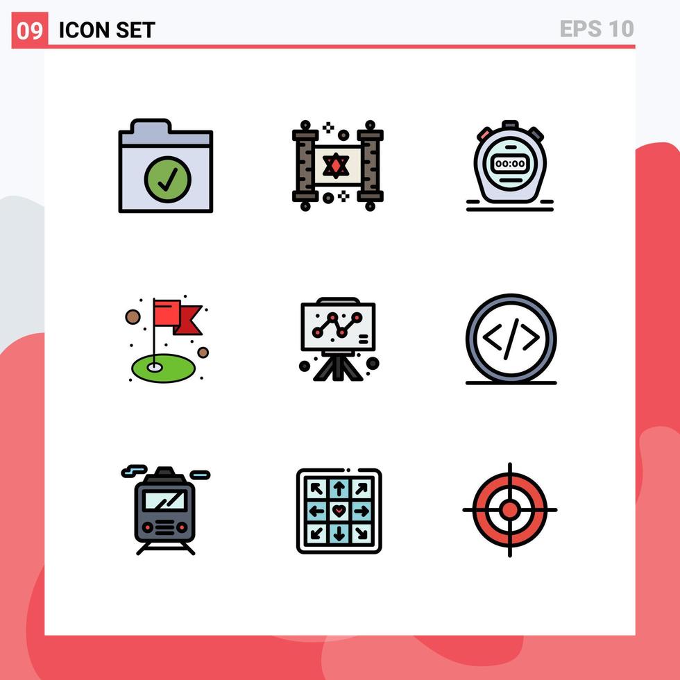 Group of 9 Filledline Flat Colors Signs and Symbols for code chart stopwatch business success Editable Vector Design Elements