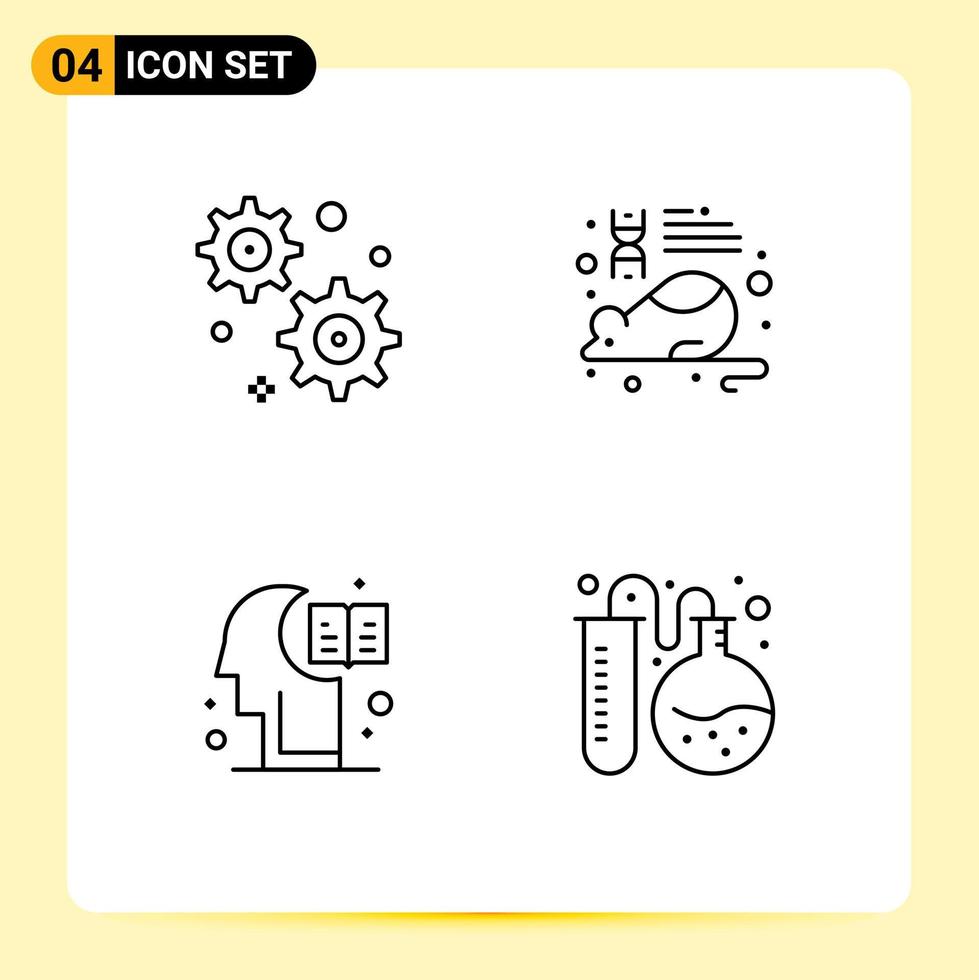 4 Thematic Vector Filledline Flat Colors and Editable Symbols of gear setting knowledge laboratory brain flask tube Editable Vector Design Elements