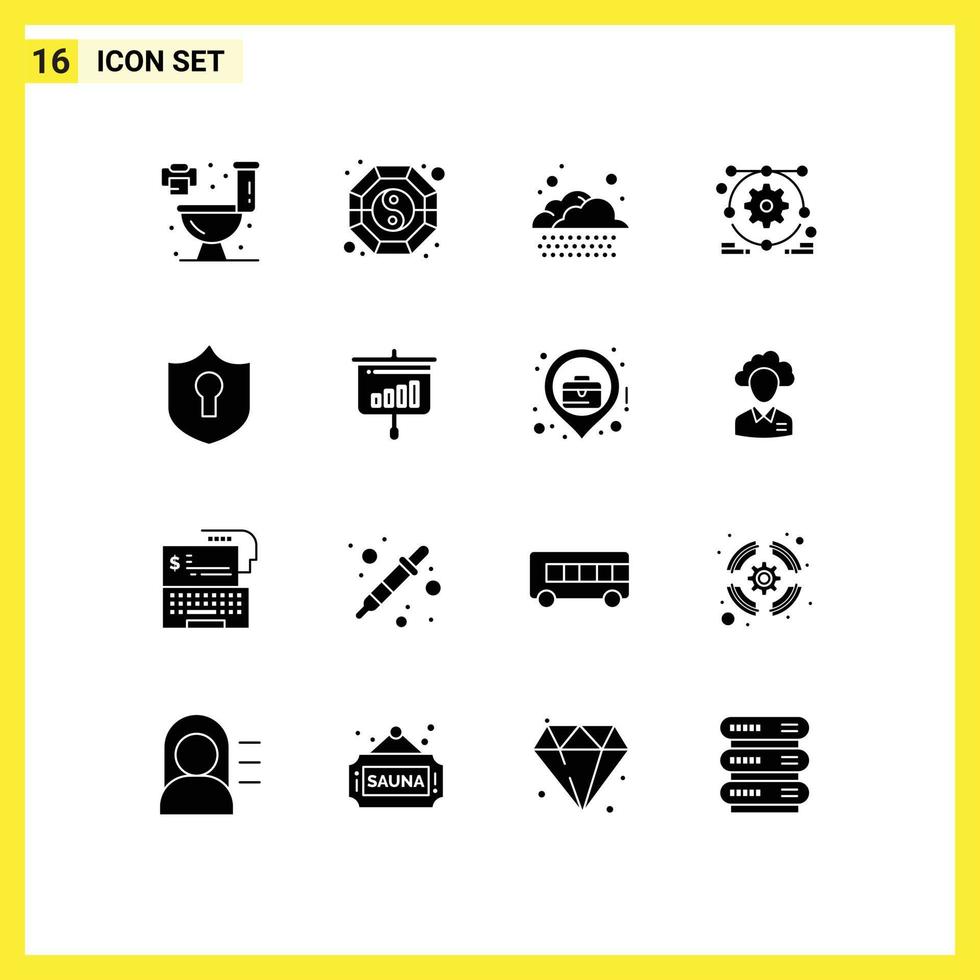 Group of 16 Modern Solid Glyphs Set for presentation shield rain protection setting Editable Vector Design Elements