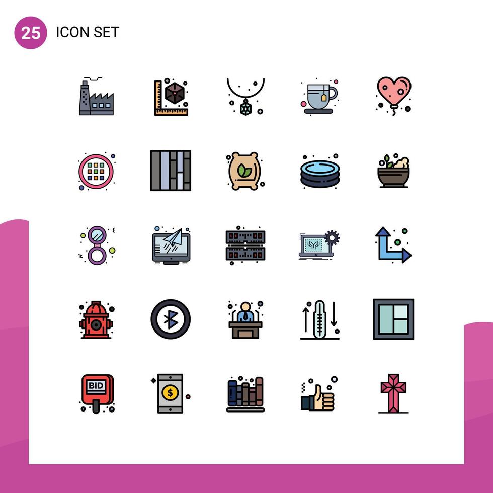 Universal Icon Symbols Group of 25 Modern Filled line Flat Colors of heart tea time accessories tea break break time Editable Vector Design Elements