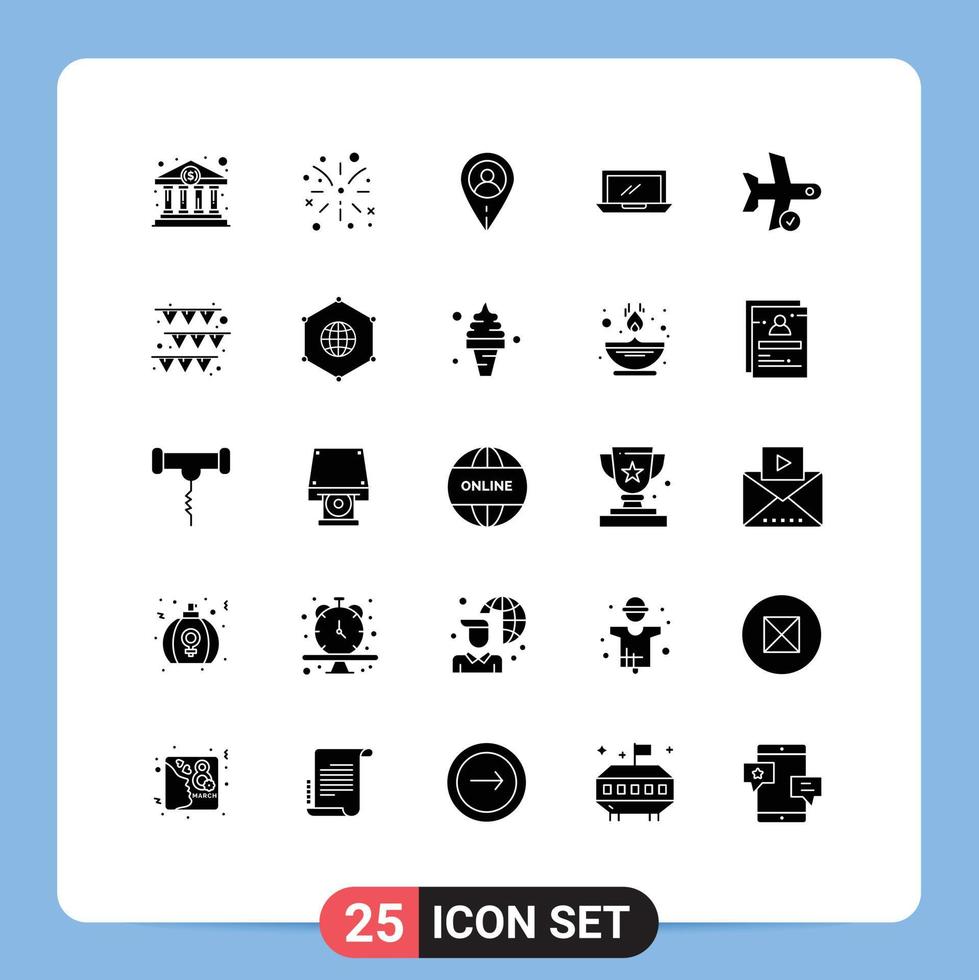 25 User Interface Solid Glyph Pack of modern Signs and Symbols of plane check map pc device Editable Vector Design Elements