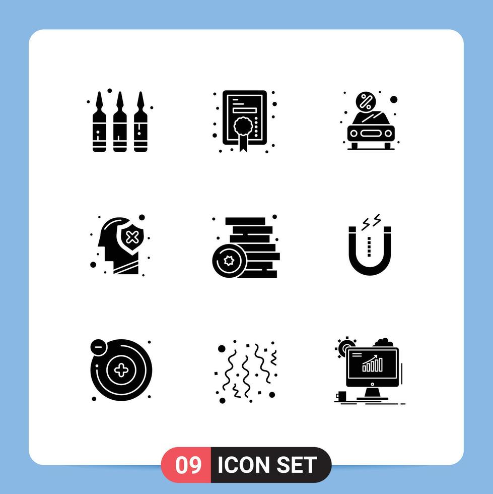 Universal Icon Symbols Group of 9 Modern Solid Glyphs of brick protect discount human brain Editable Vector Design Elements