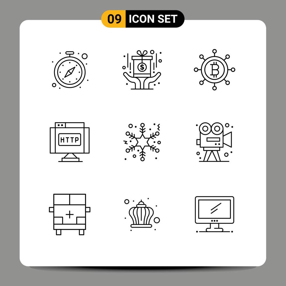 9 Thematic Vector Outlines and Editable Symbols of video snow bitcoin flake internet Editable Vector Design Elements