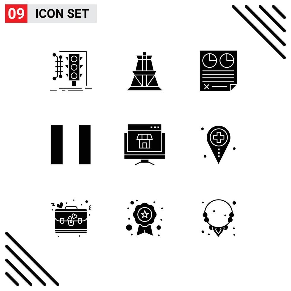 9 Thematic Vector Solid Glyphs and Editable Symbols of marketplace computer transmission tower pause paper Editable Vector Design Elements