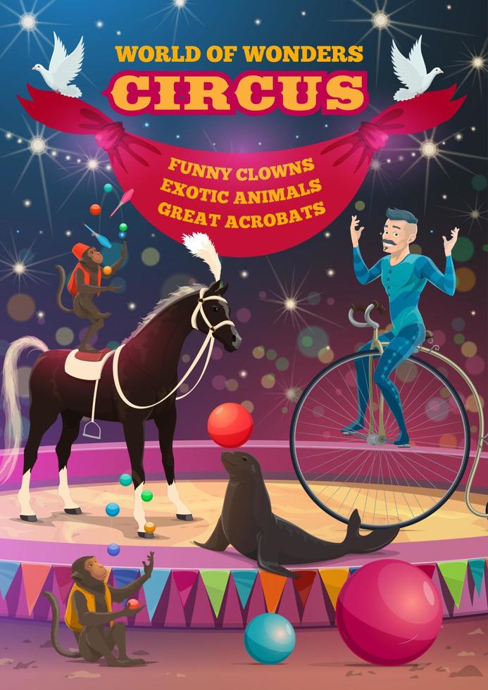 Big top circus acrobat equilibrist, animals show vector