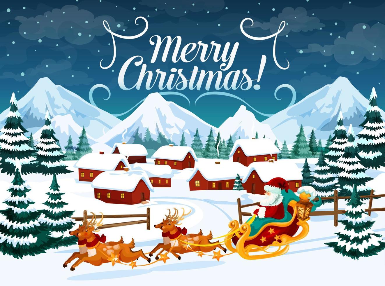 Winter town, Christmas Santa sleigh and deers vector