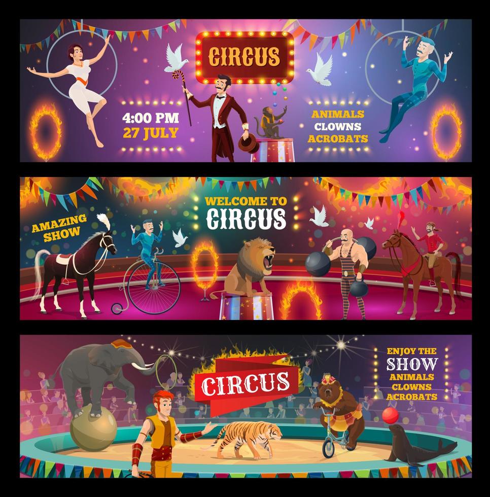 espectáculo de circo payaso, animales, mago y acróbatas vector