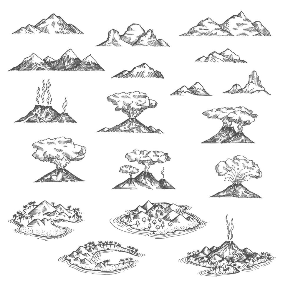 Island mountains, volcano sketch, lava eruption vector