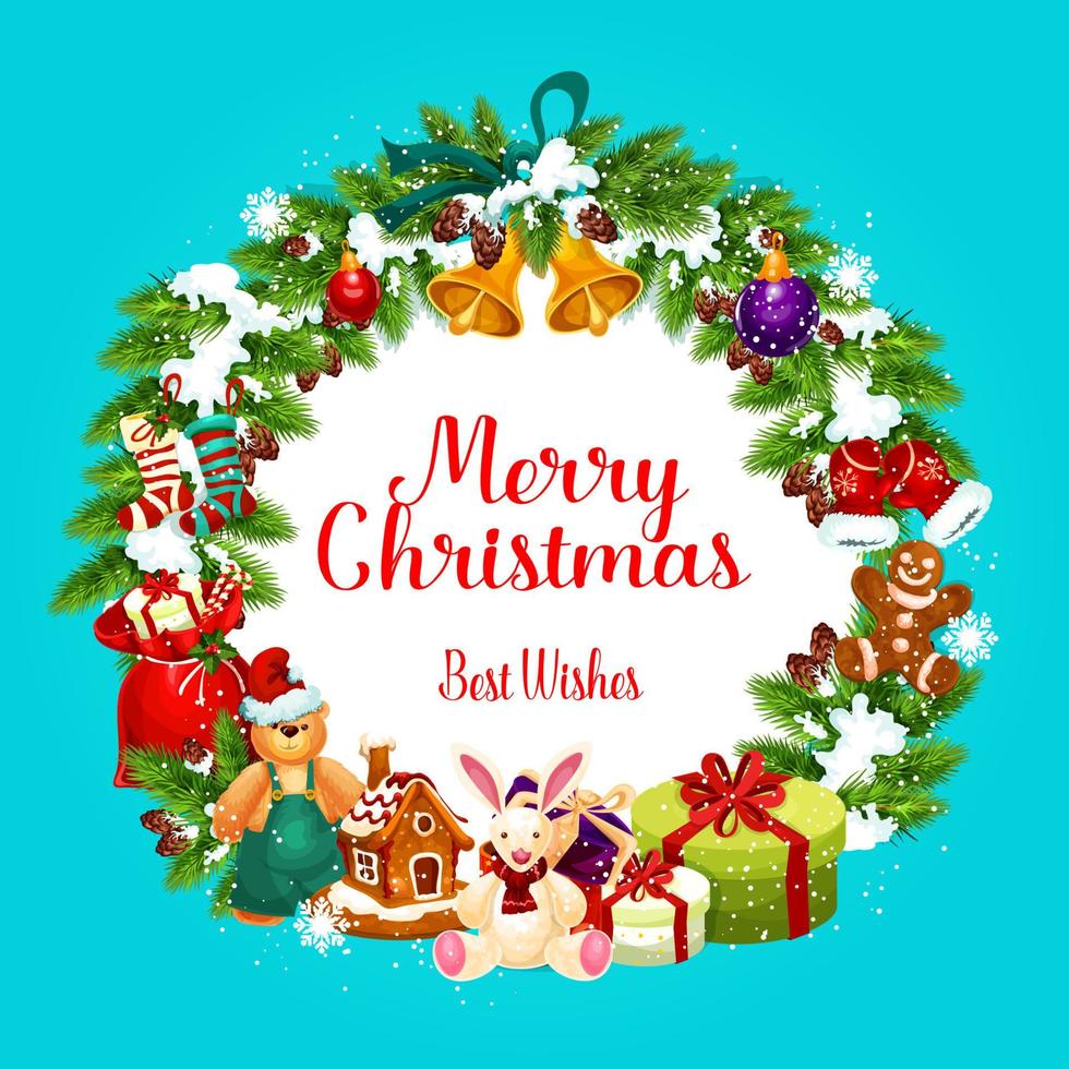 Merry Christmas greetings in fir wreath vector