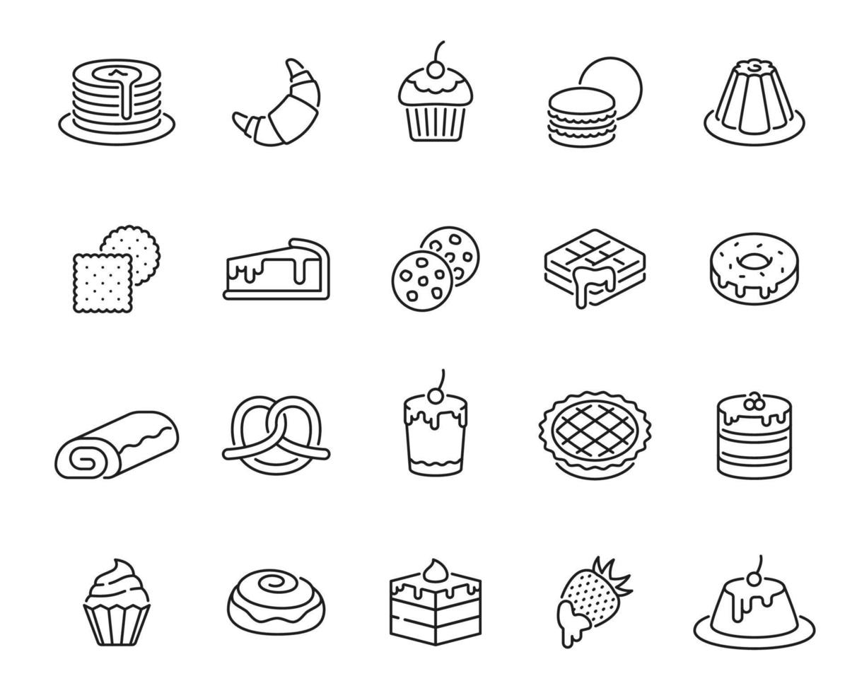 Desserts, sweet pastry and bake outline icons vector