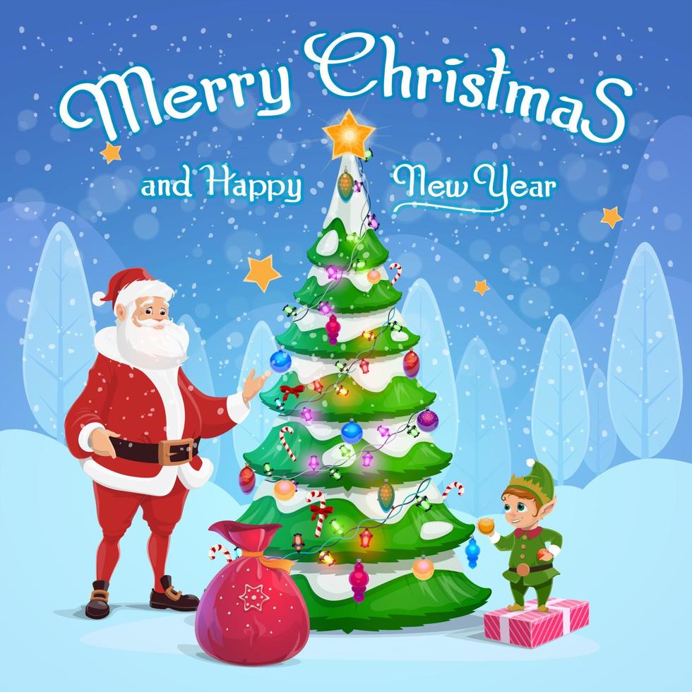 Santa and elf decorating Christmas tree vector