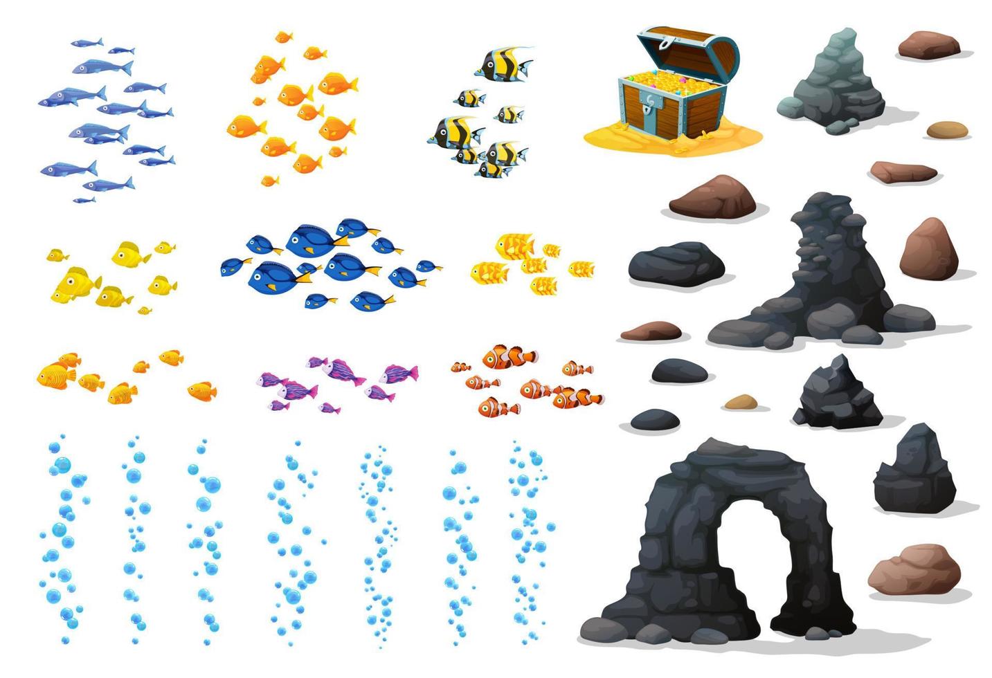 Underwater landscape game assets, fishes, stones vector