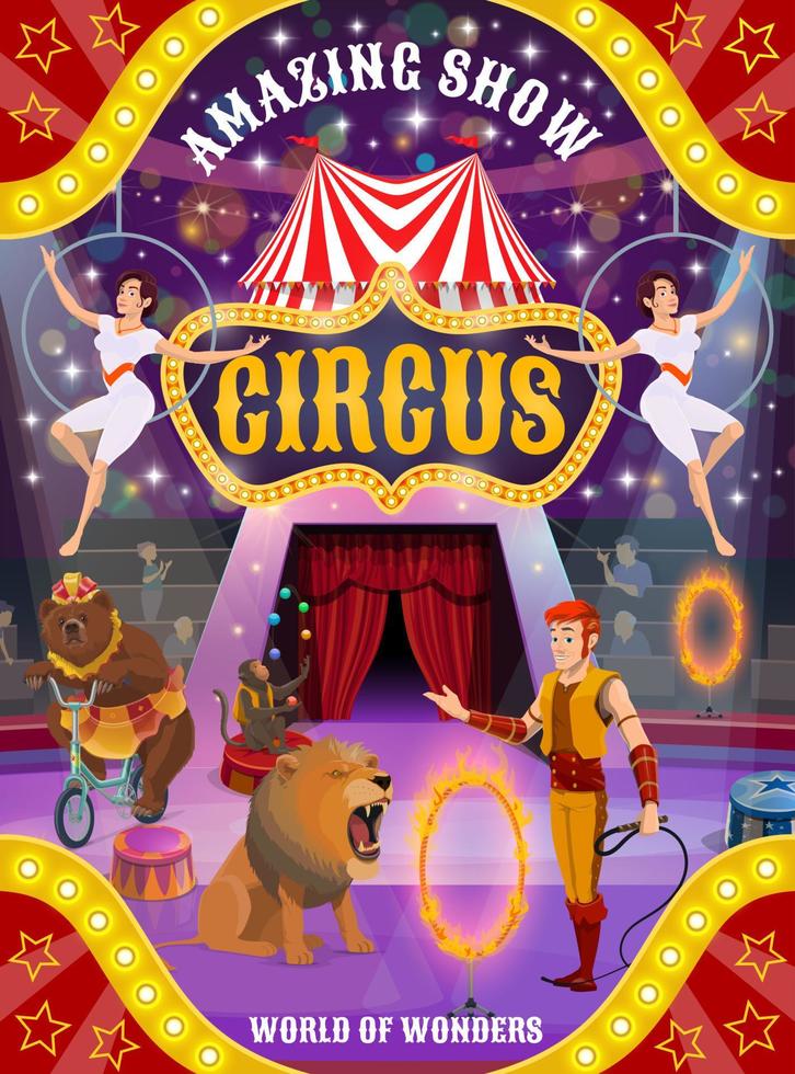 Circus show with animals, trainer and air acrobats vector