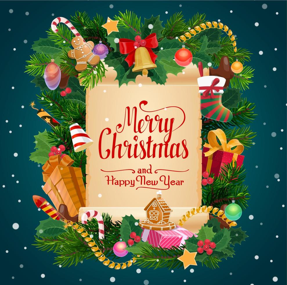 Merry Christmas gifts New Year holiday wish scroll vector