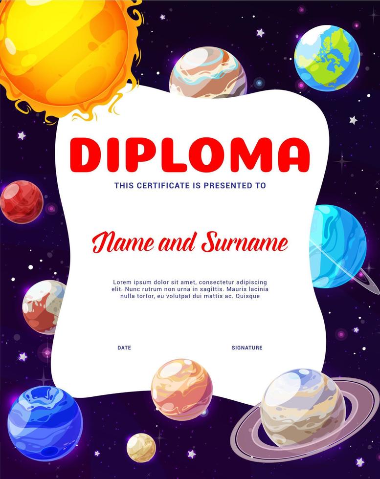 diploma para niños con planetas del sistema solar de dibujos animados vector