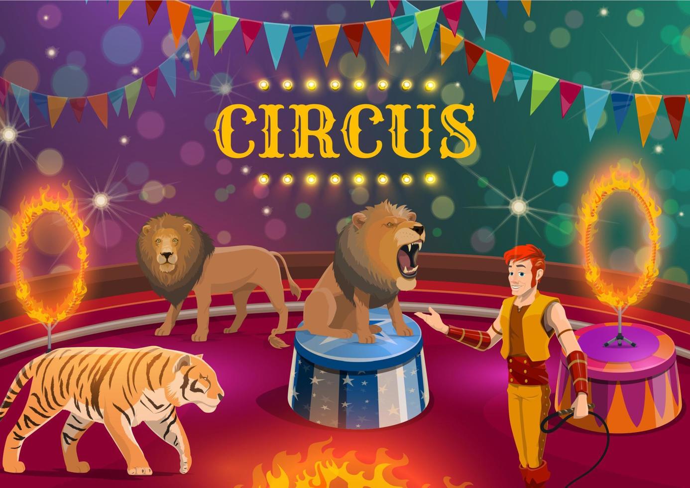 Lion and tiger tamer performing on circus arena vector