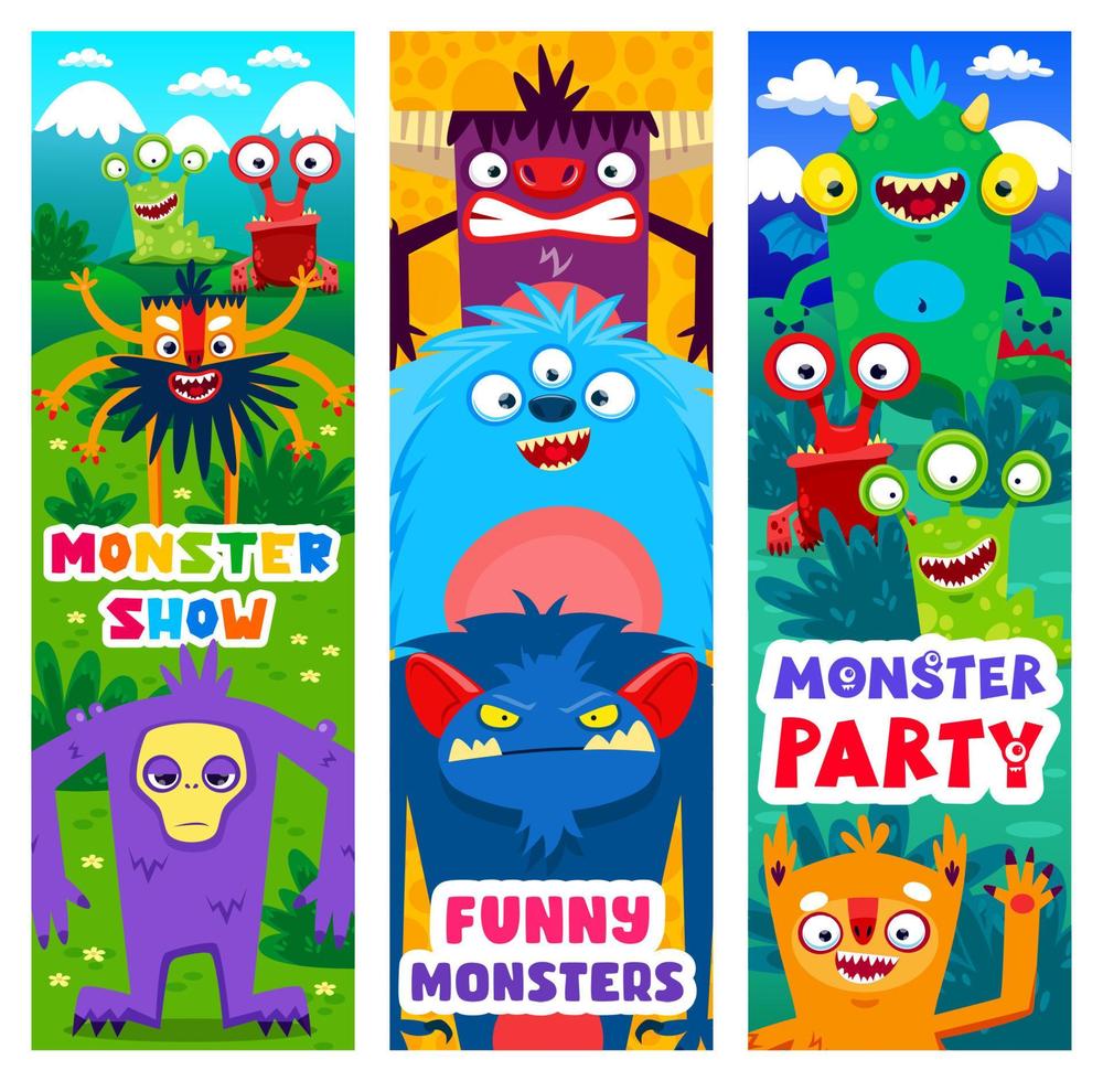 Cartoon monster characters, vector banners set