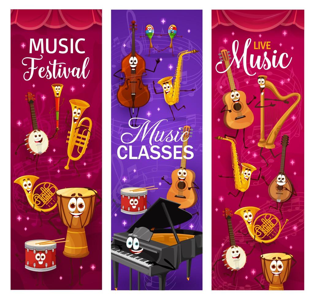 banners de personajes de instrumentos musicales de dibujos animados vector