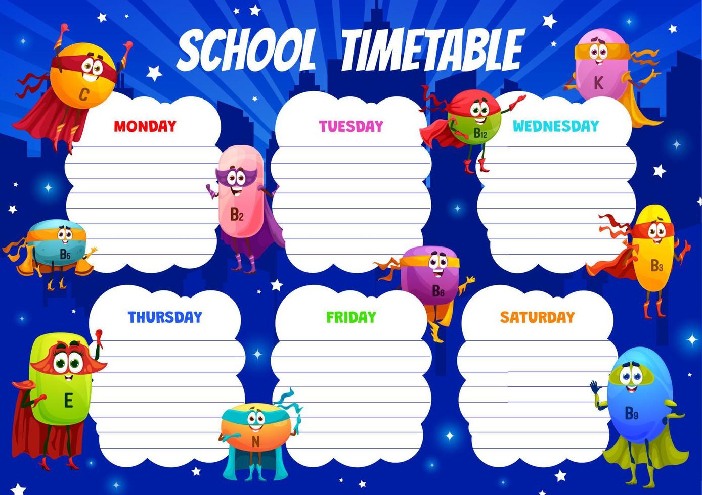 Timetable schedule with cheerful superhero vitamin vector