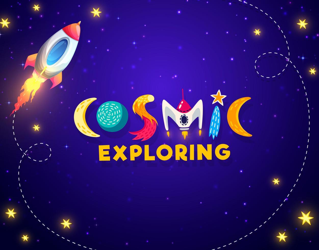 Cartoon space landscape background with rocket vector