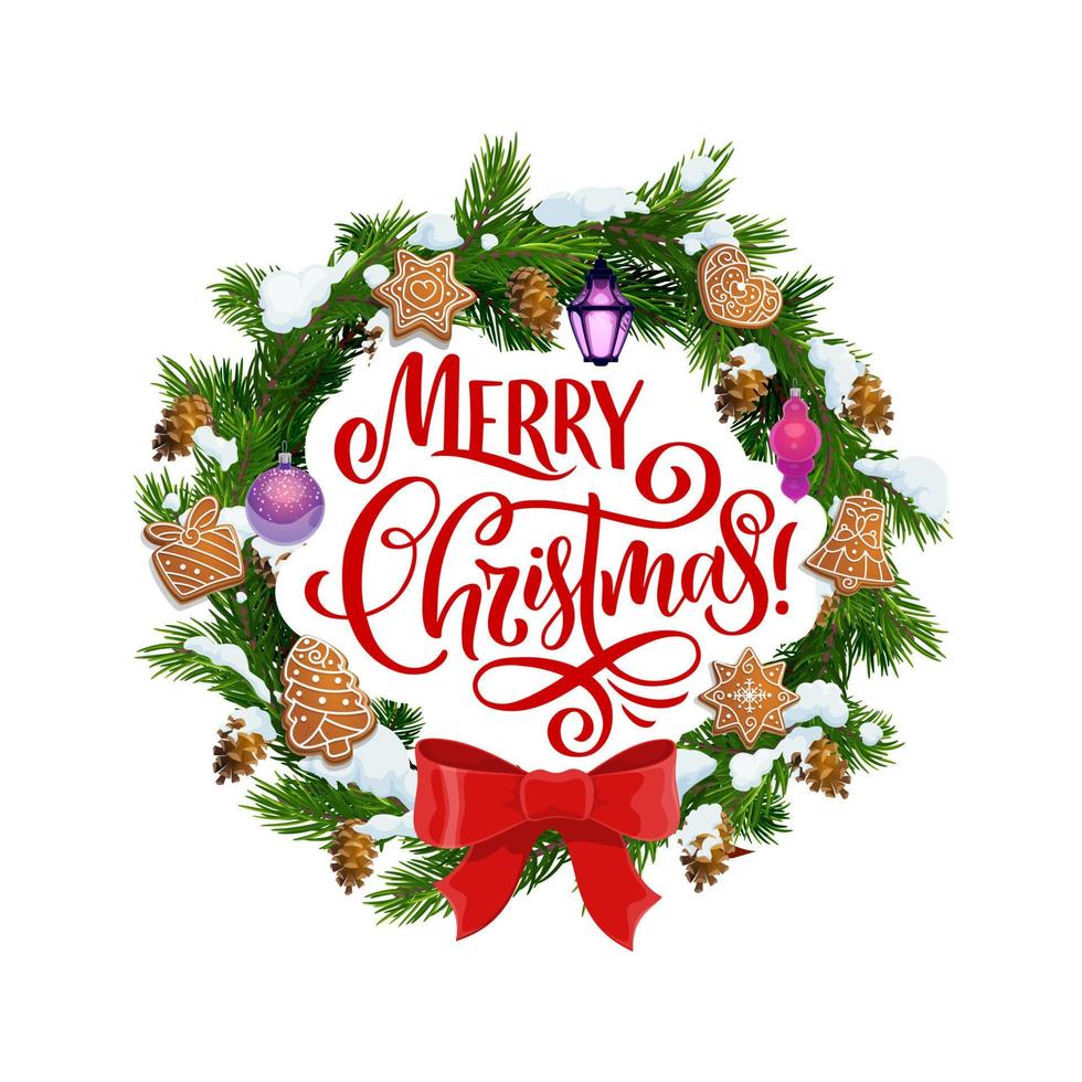 Merry Christmas, fir wreath and cookies vector