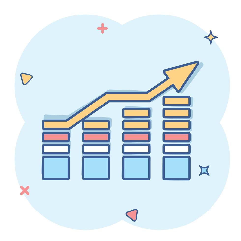 Chart graph icon in comic style. Arrow grow cartoon vector illustration on white isolated background. Analysis splash effect business concept.