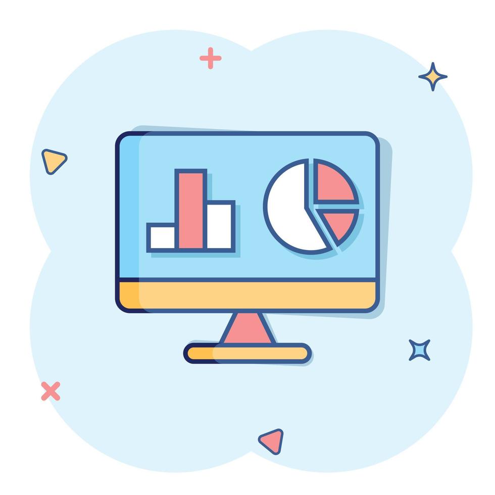 Website analytics icon in comic style. SEO data cartoon vector illustration on white isolated background. Computer diagram splash effect business concept.