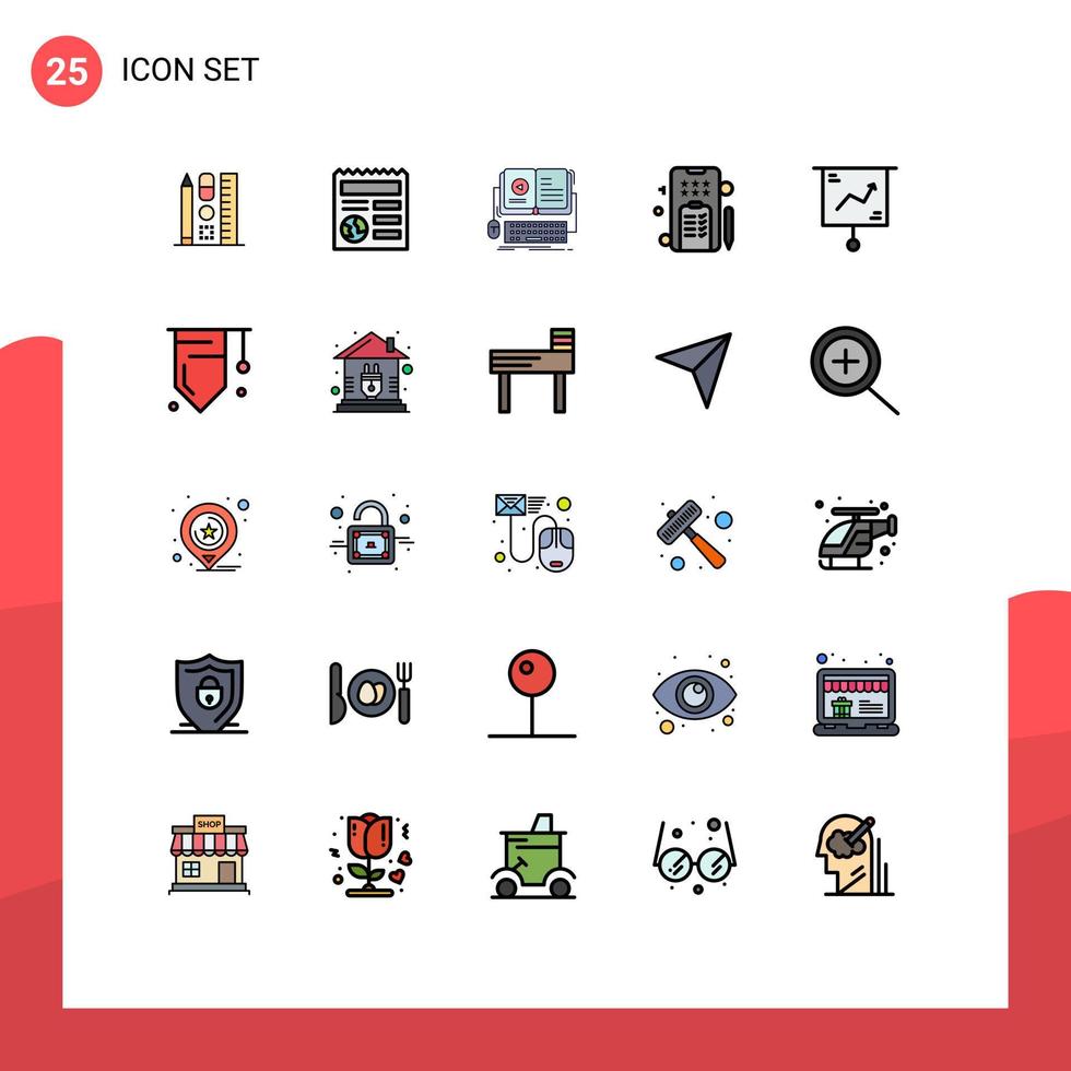 Set of 25 Commercial Filled line Flat Colors pack for business notepad book pencle video Editable Vector Design Elements