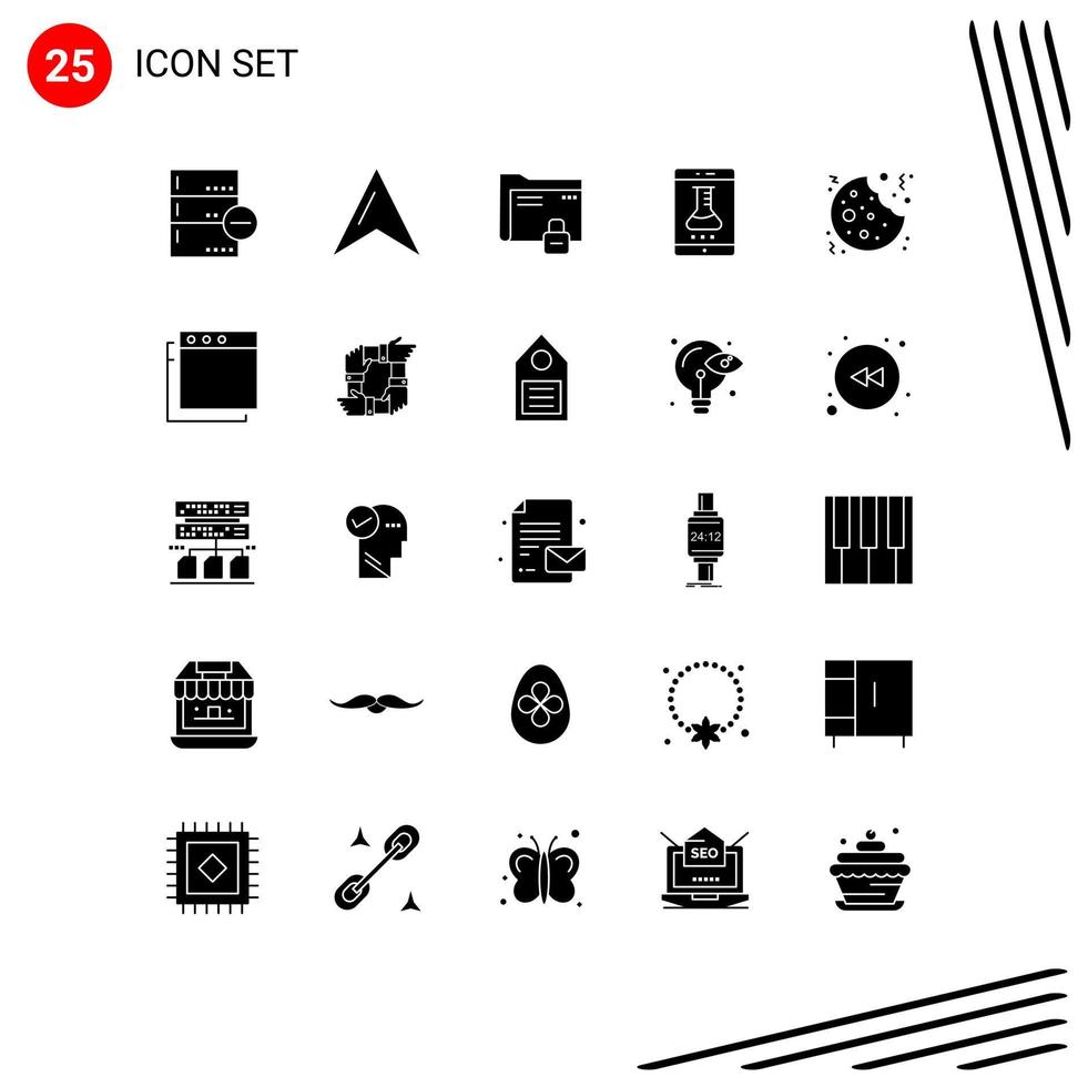 Set of 25 Vector Solid Glyphs on Grid for smartphone application online laboratory data mobile app store secure Editable Vector Design Elements
